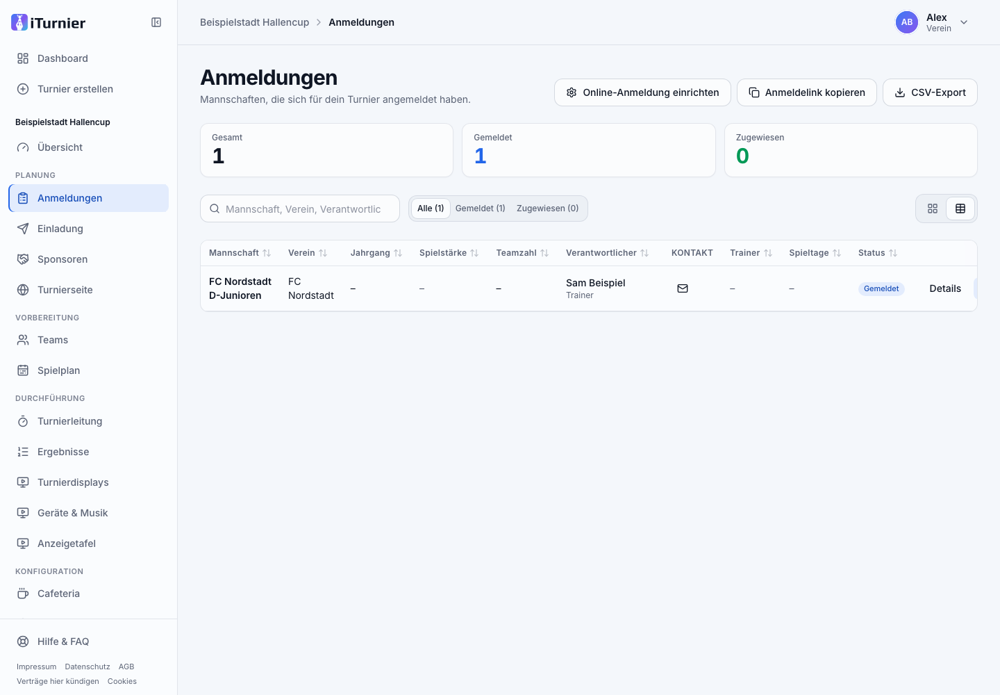 Liste eingegangener Mannschaftsanmeldungen