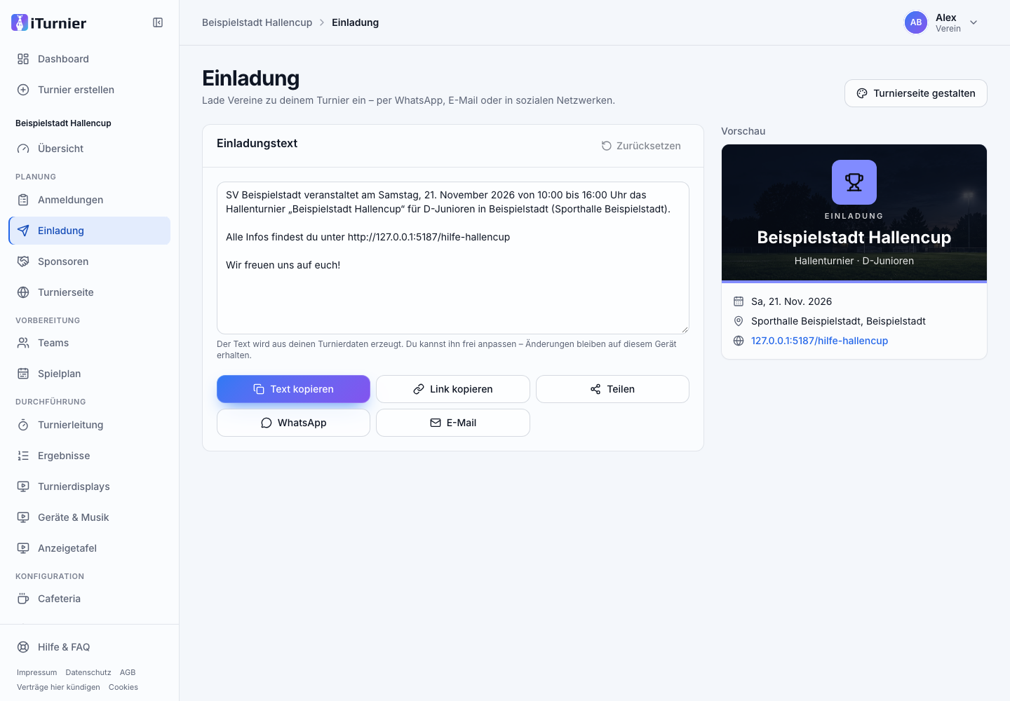 Einladungstext mit Teilen-Aktionen