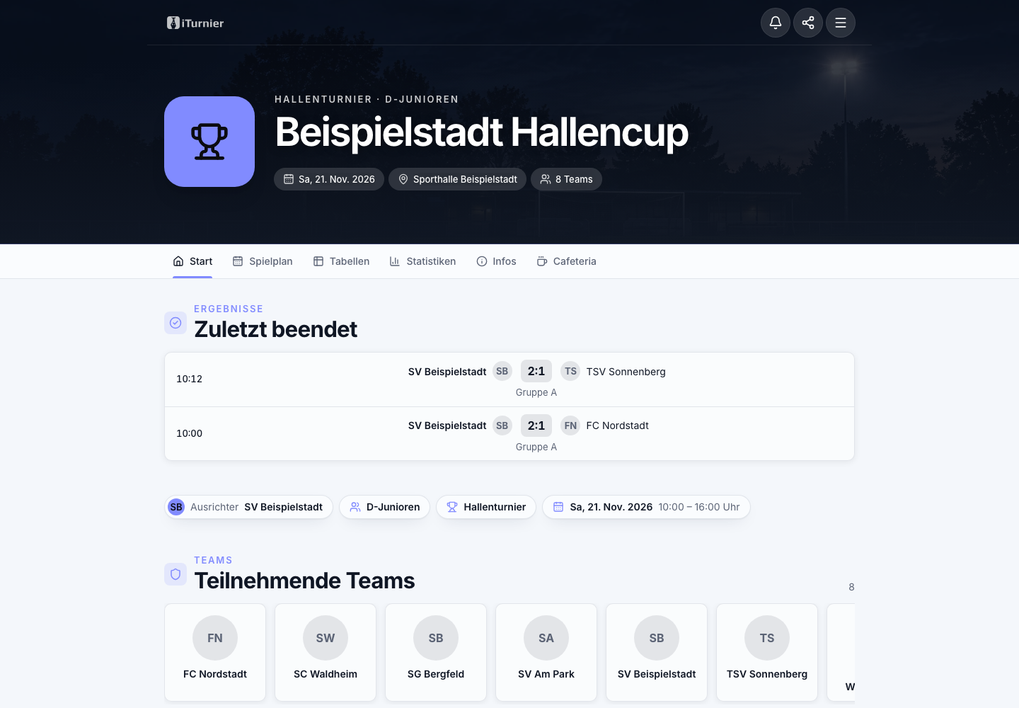 Öffentliche Startseite des Beispielturniers
