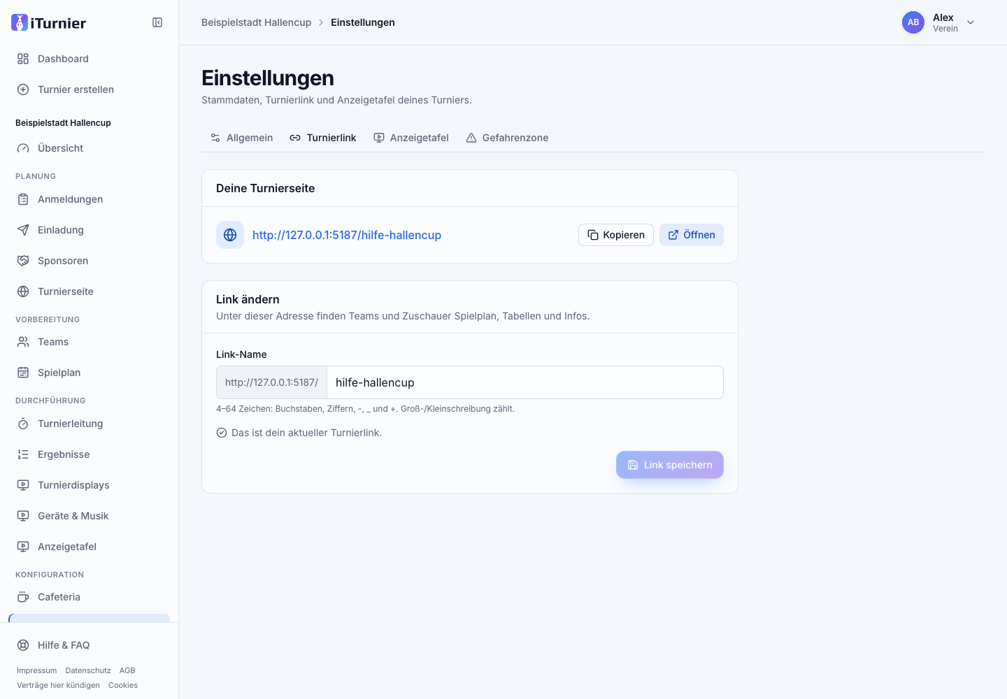 Einstellung des öffentlichen Turnierlinks